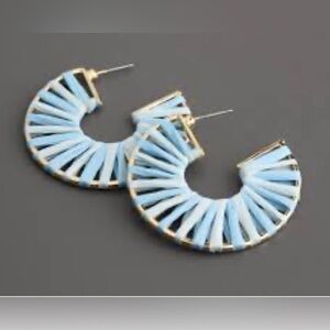 Blue Raffia Earrings 1 Pair, Gold Tone Wire Frame Earrings, Woven Hoops